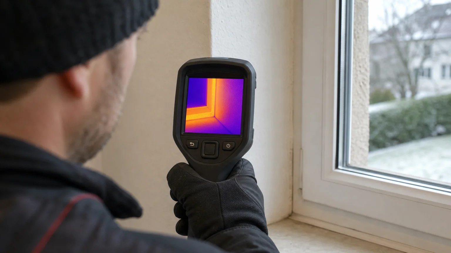 Cam&eacute;ra thermique observant le raccord entre une fen&ecirc;tre et un mur