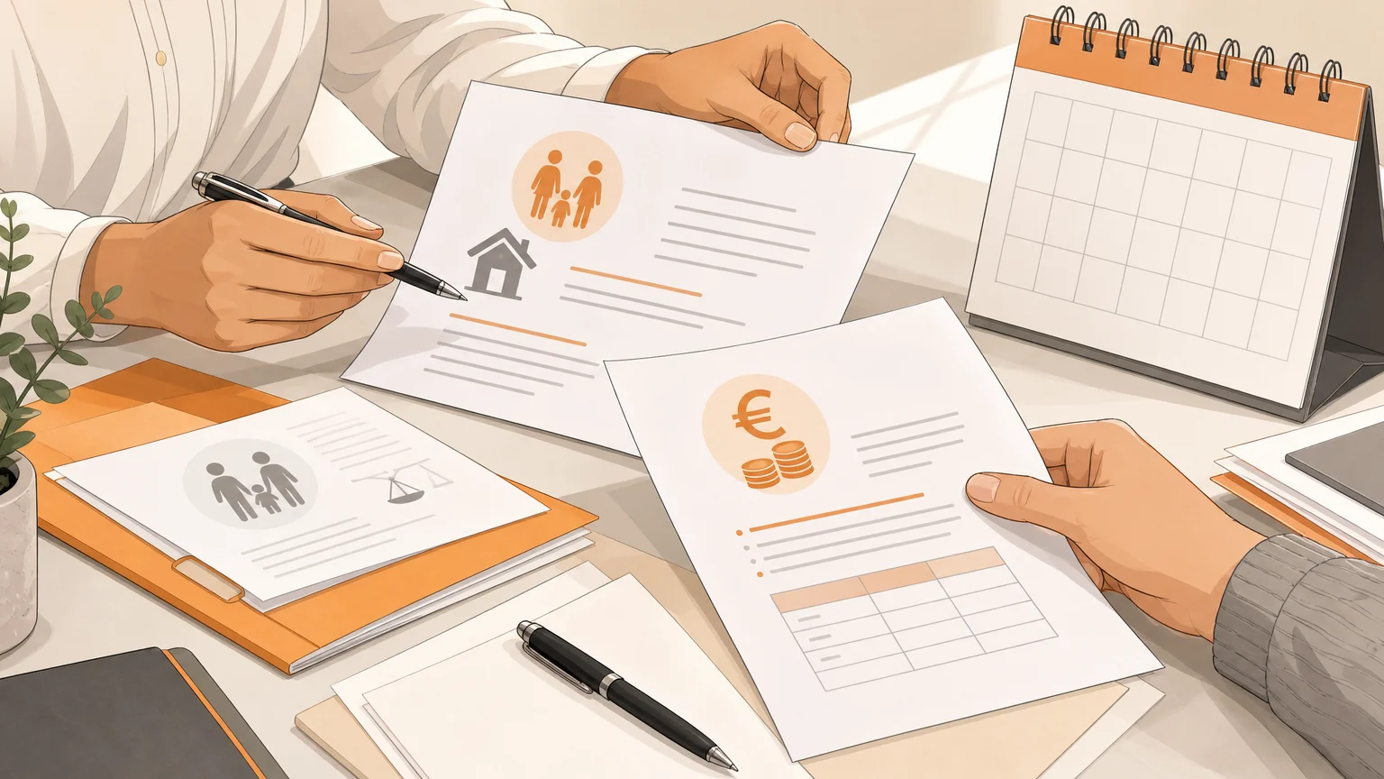 Gros plan illustré de mains examinant des documents juridiques sur un bureau.