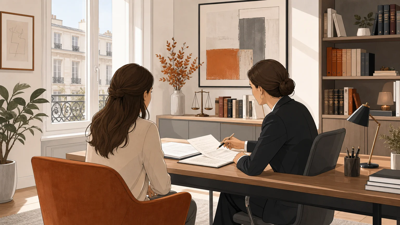 Plan large illustré d’un échange entre un client et un avocat autour de documents.