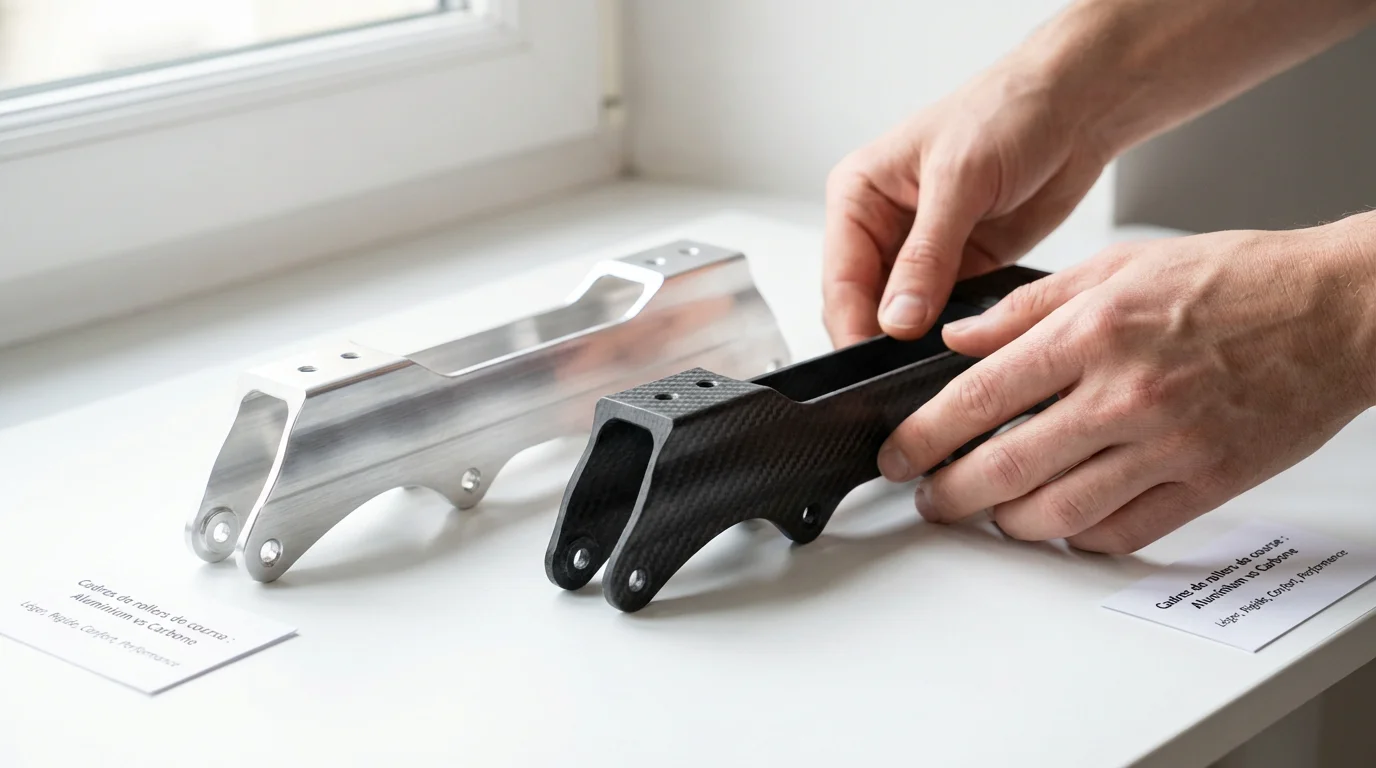 Comparaison visuelle entre une platine aluminium et une platine composite pour roller en ligne