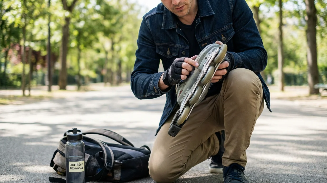 Patineur examinant la platine de ses rollers en ligne sur un parcours urbain