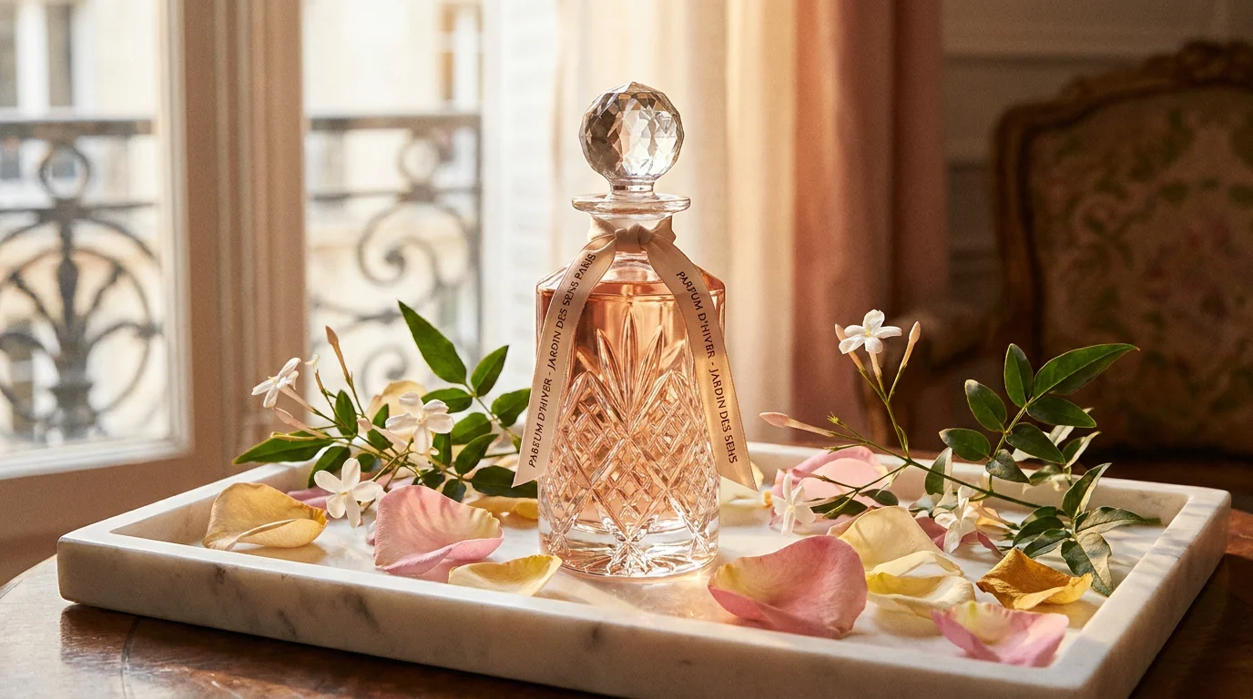 Flacon de parfum de luxe pour femme posé sur un plateau de marbre entouré de fleurs
