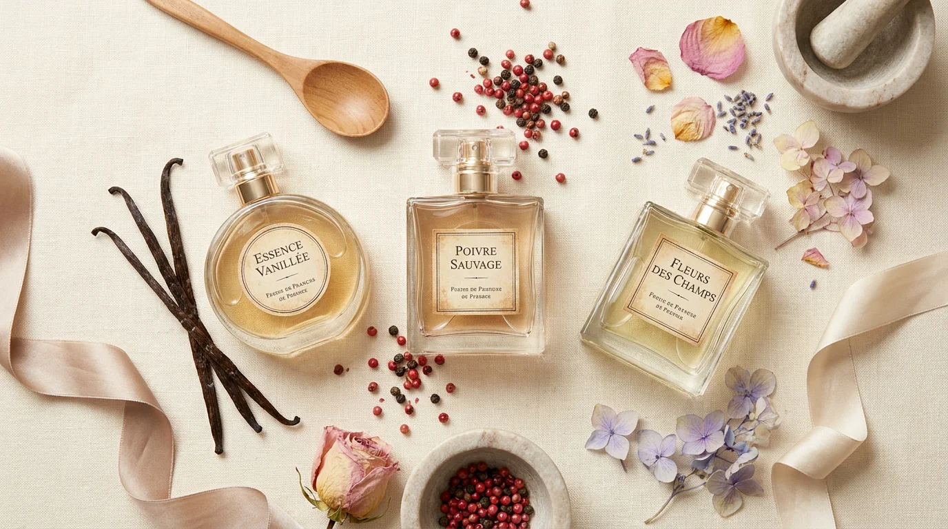Flacons de parfum de luxe et matières premières sur fond neutre en composition flat lay