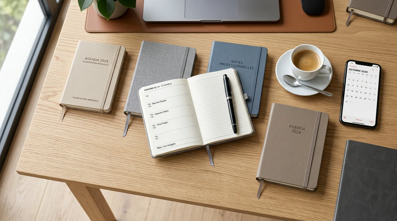 Agendas de poche personnalisés posés sur un bureau clair en lumière naturelle