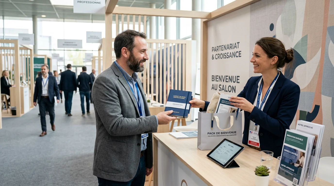 Distribution d'un agenda de poche et d'un welcome pack sur un stand de salon