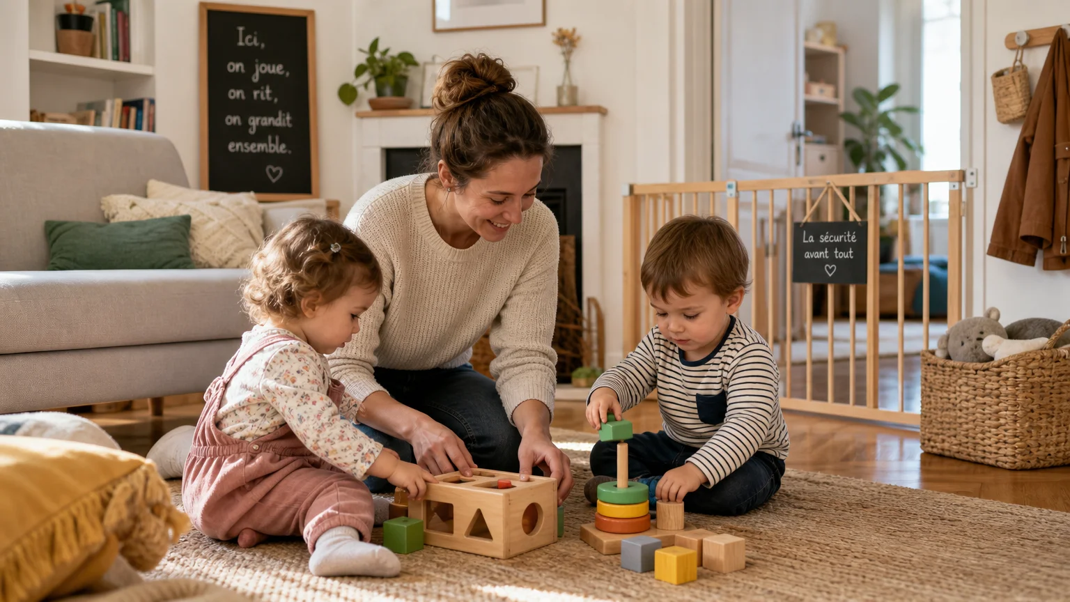 Assistante maternelle jouant avec deux jeunes enfants dans un salon