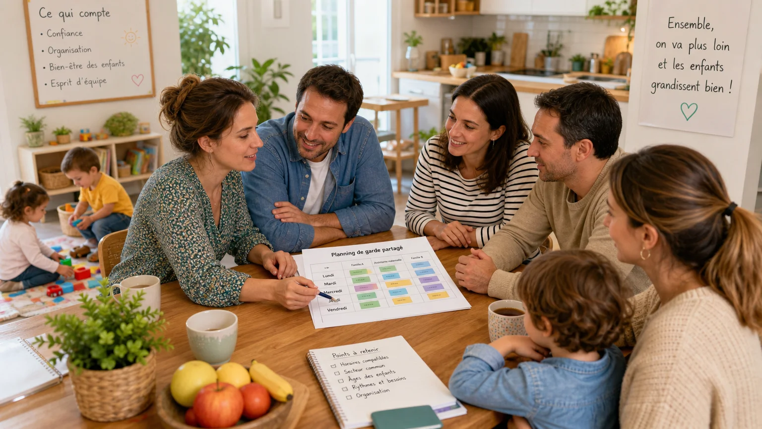Deux familles organisant une garde partagée avec une assistante maternelle