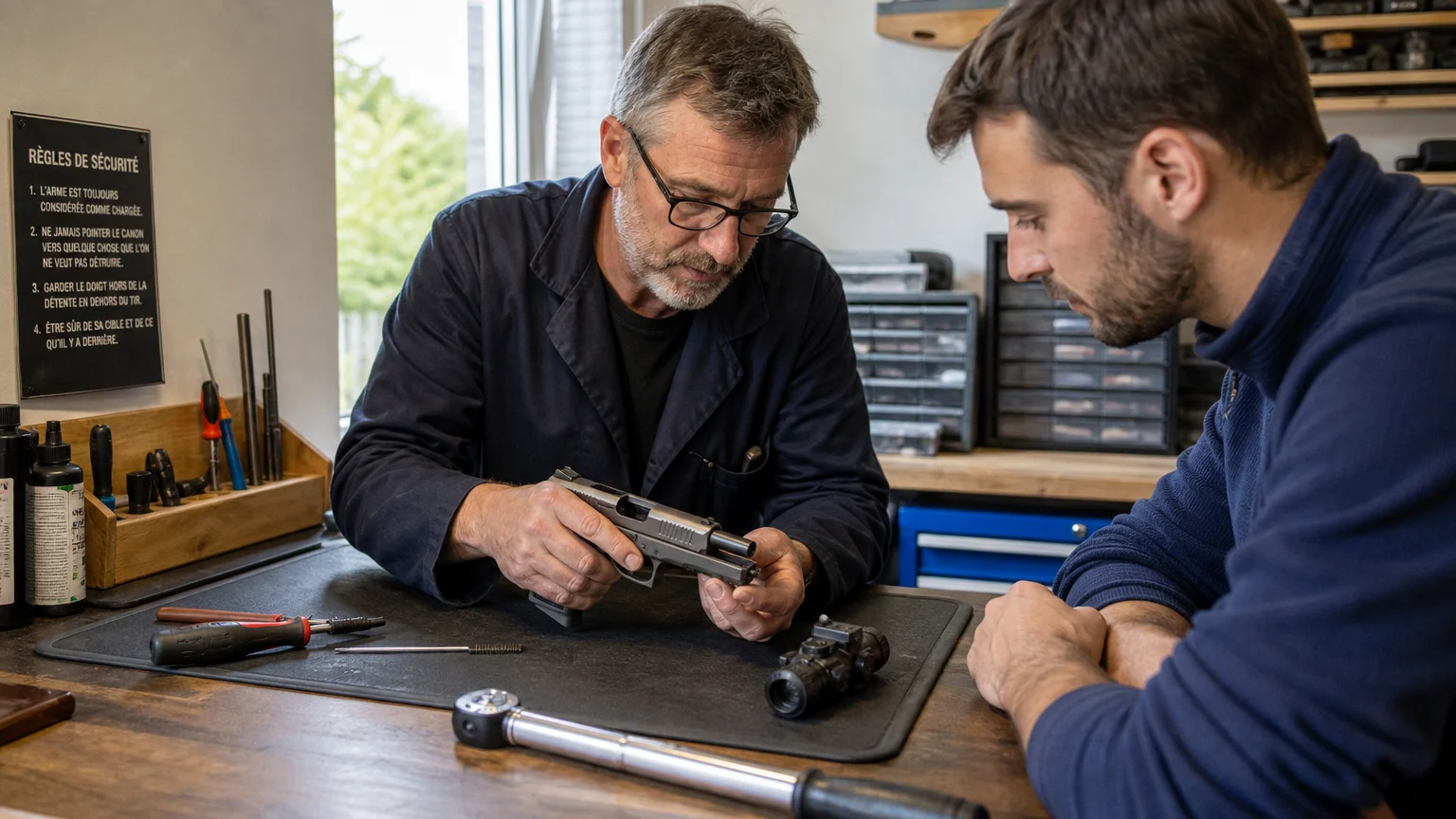 Entretien et réglage d’une arme de poing dans un atelier français