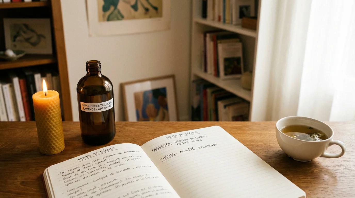 Bureau de thérapeute holistique avec carnet de notes structurées et huiles essentielles