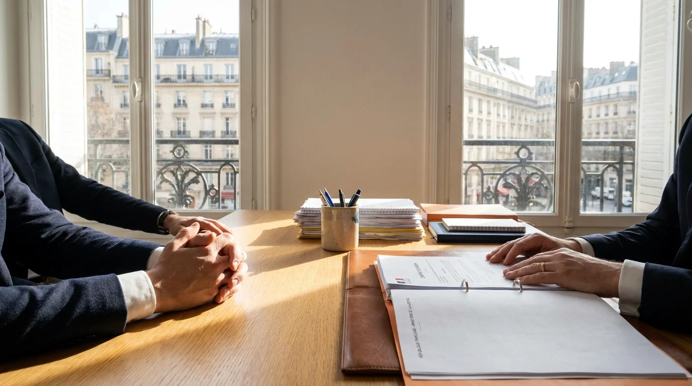 Deux époux signant une convention de divorce à l'amiable dans un cabinet d'avocat à Paris