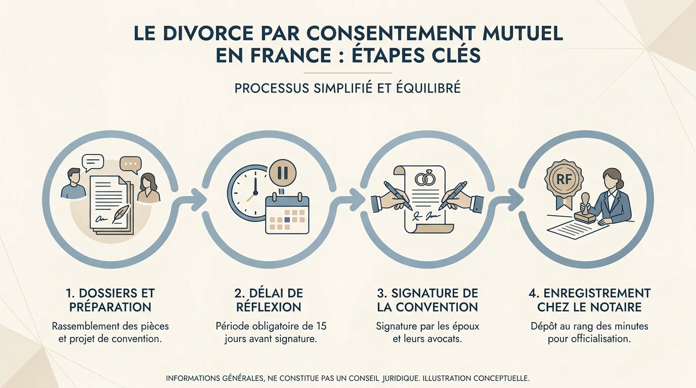 Frise chronologique illustrant les étapes d'un divorce à l'amiable rapide en France