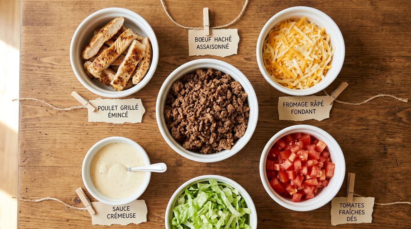 Ingrédients de garniture de tacos disposés dans des bols sur une table en bois
