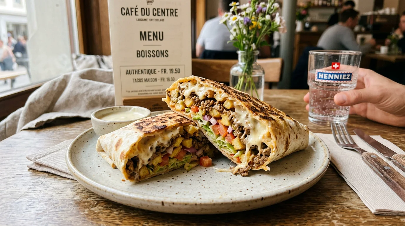 Tacos coupé en deux montrant sa garniture généreuse de viande, fromage fondu et frites