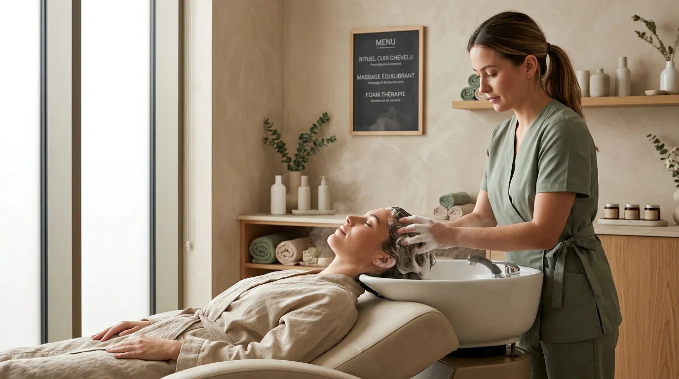 Soin head spa coréen réalisé en cabine par une praticienne professionnelle