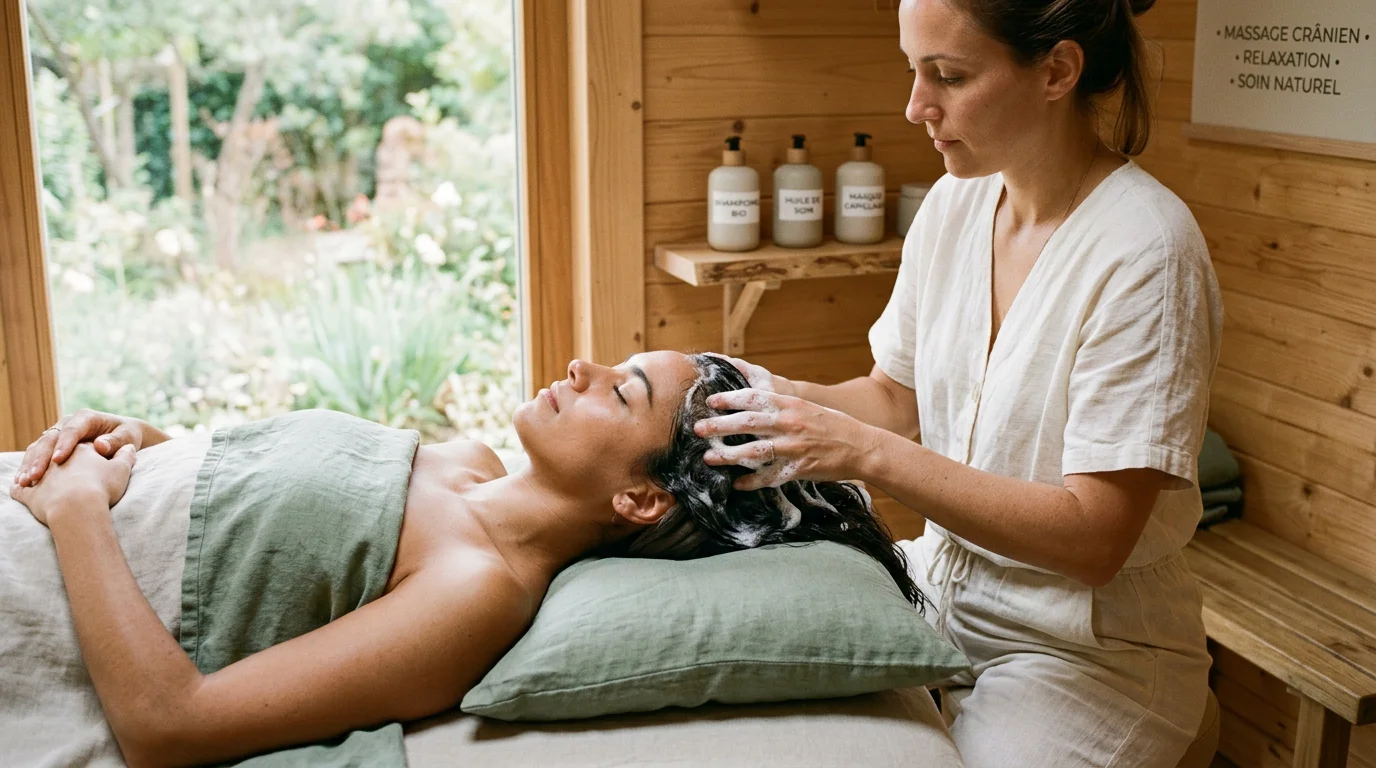 Praticienne réalisant un soin head spa coréen sur une cliente en cabine