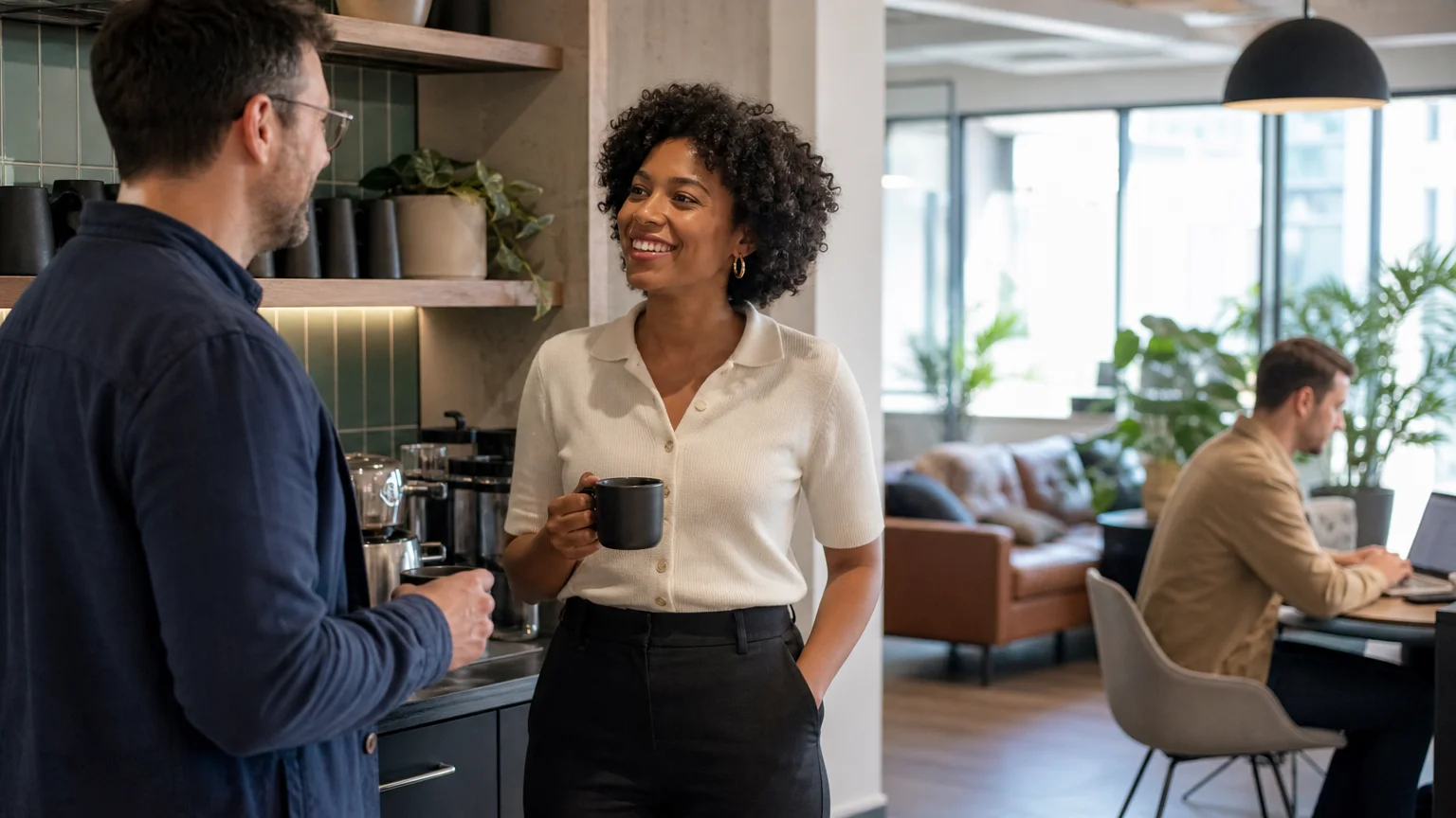A casual conversation in a shared workspace alongside people working independently