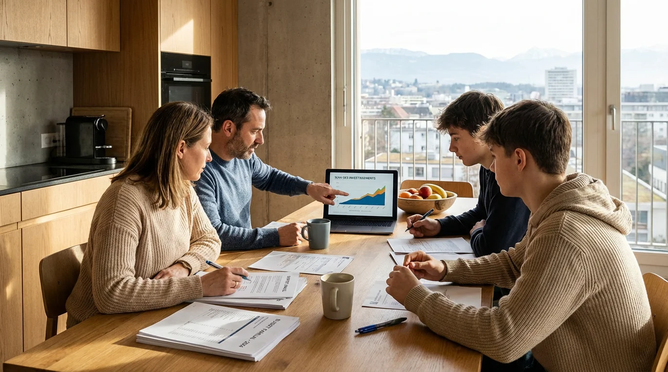 Famille suisse consultant un comparatif d'assurance maladie sur ordinateur