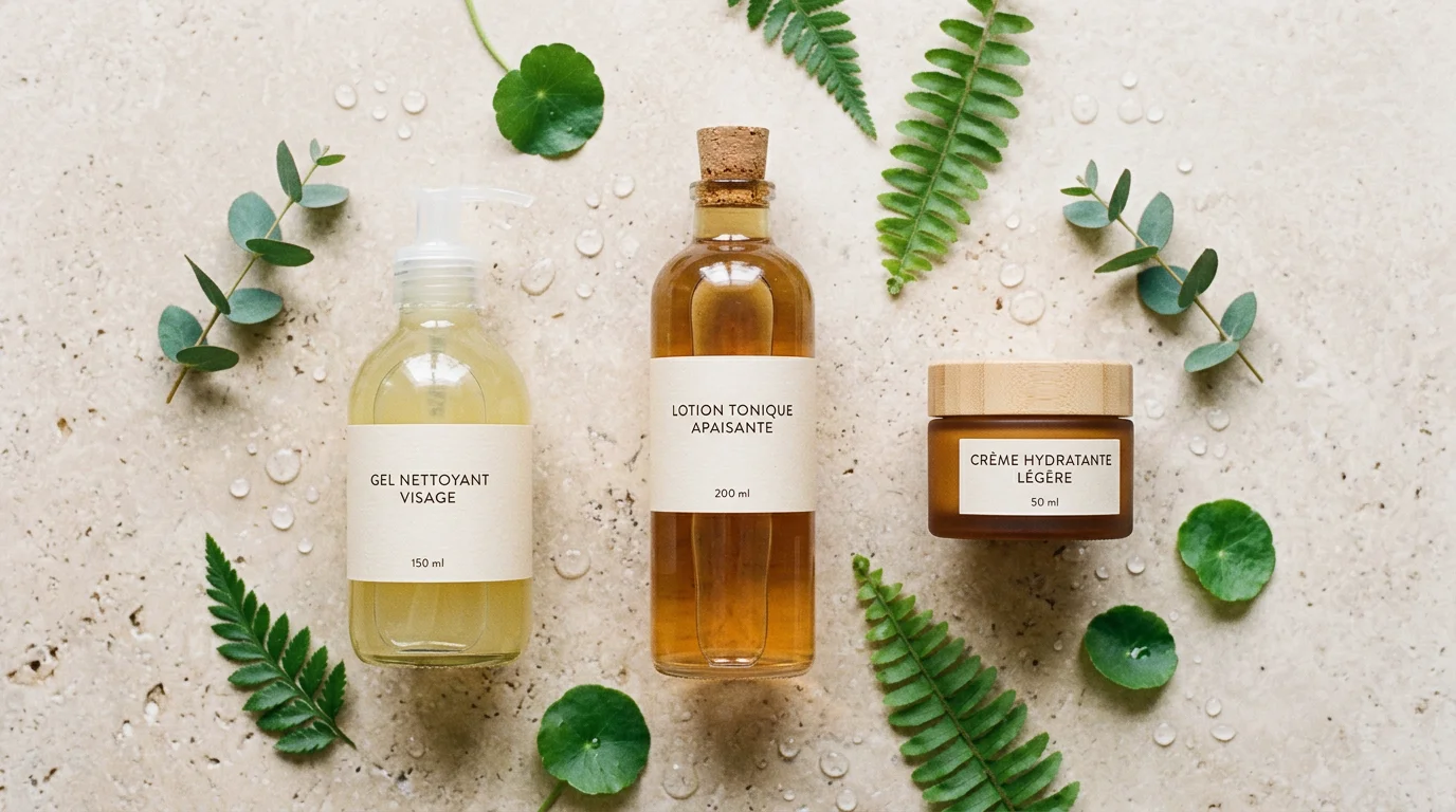 Trois produits de soin minimalistes pour peau grasse disposés à plat