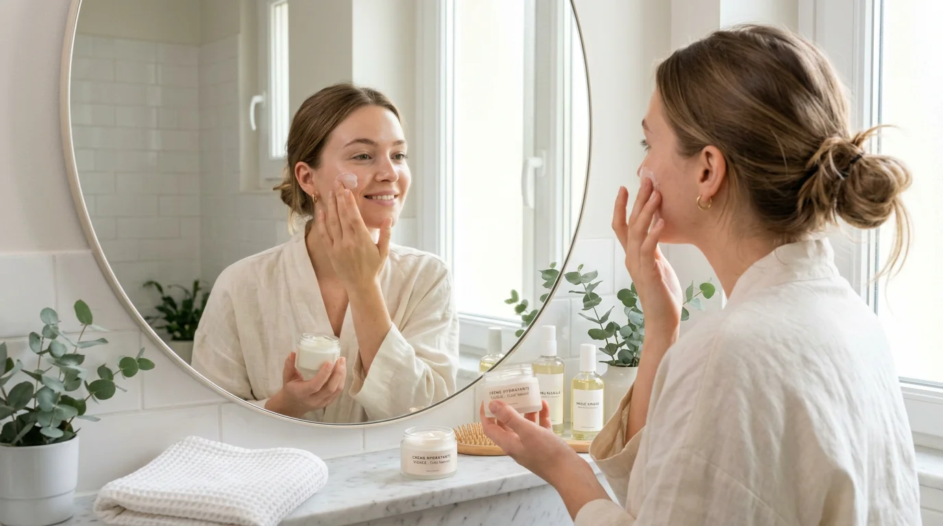 Femme appliquant une crème hydratante légère sur peau grasse
