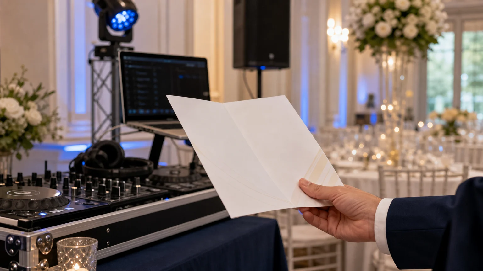 Devis papier consulté près du matériel DJ d’une réception de mariage