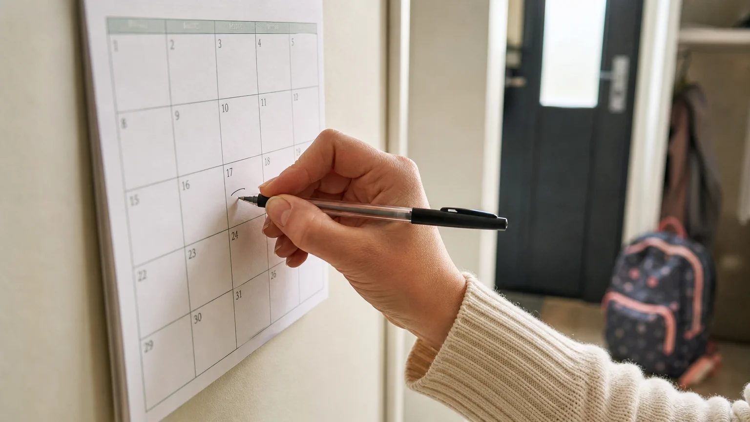 Une main note une date de passage sur un calendrier papier