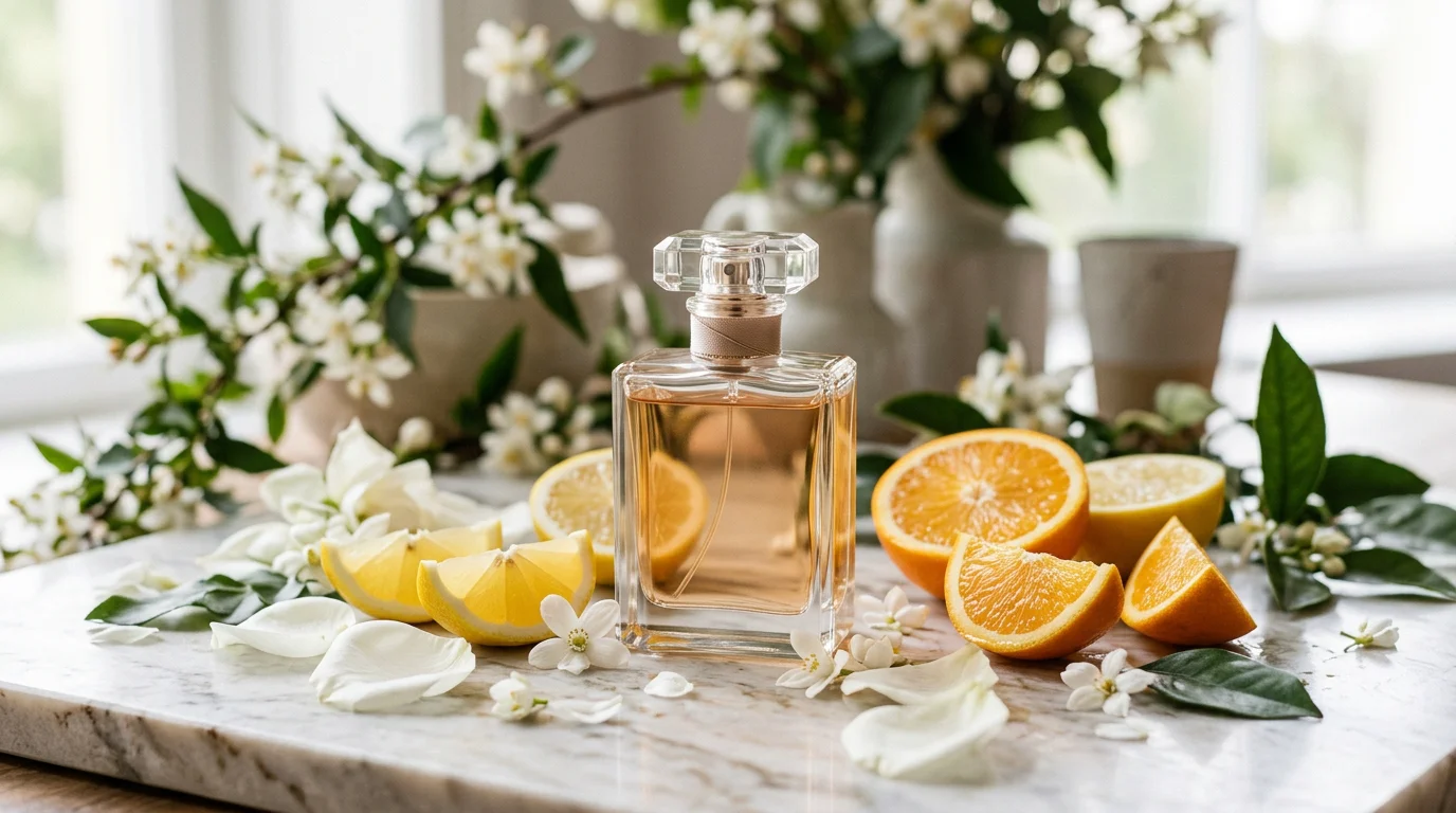 Flacon de parfum féminin entouré de fleurs blanches et d'agrumes