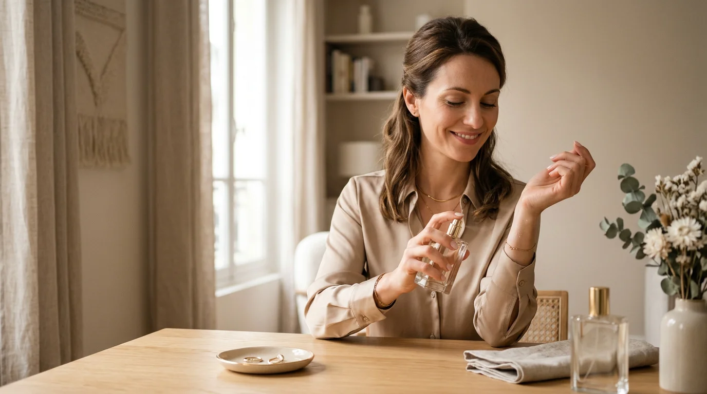 Femme appliquant du parfum sur son poignet en lumière naturelle
