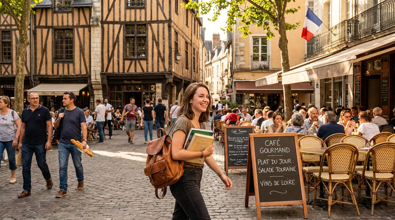 Étudiant marchant dans une rue animée du centre historique de Tours
