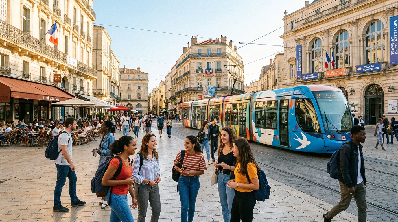 Vue de la place de la Comédie à Montpellier avec des étudiants et le tramway