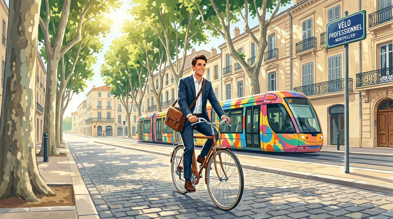 Alternant se déplaçant à vélo dans une rue de Montpellier avec le tramway en arrière-plan