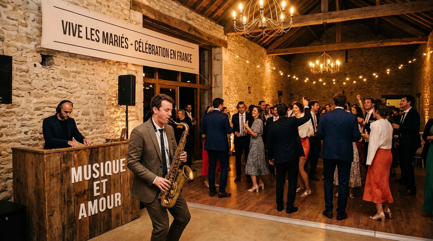 Salle de mariage animée avec DJ et saxophoniste live sur la piste de danse