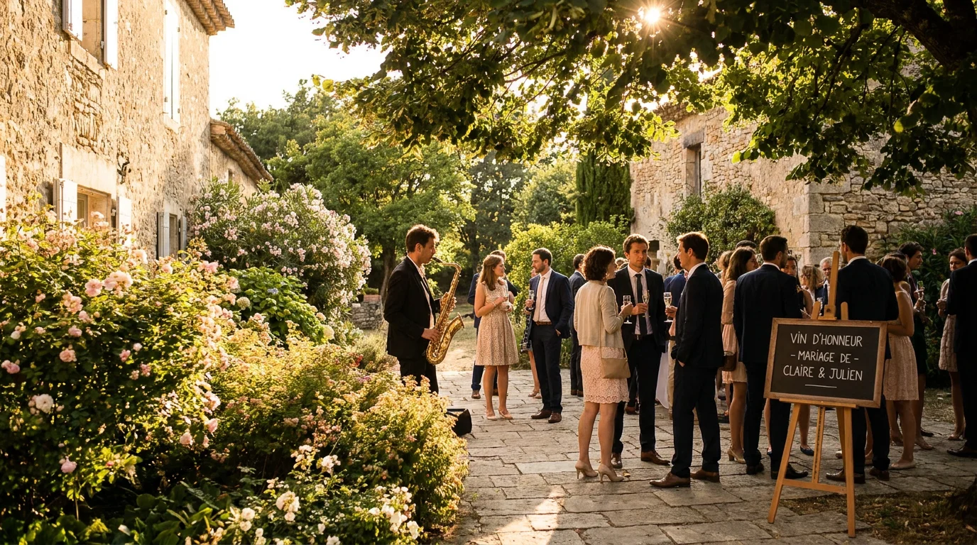 Musicien saxophoniste animant un cocktail de mariage en plein air en France
