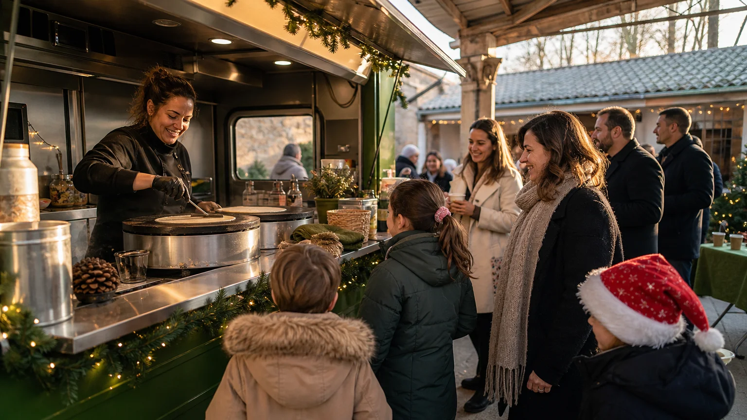 Préparation de crêpes devant les familles lors d’un arbre de Noël d’entreprise