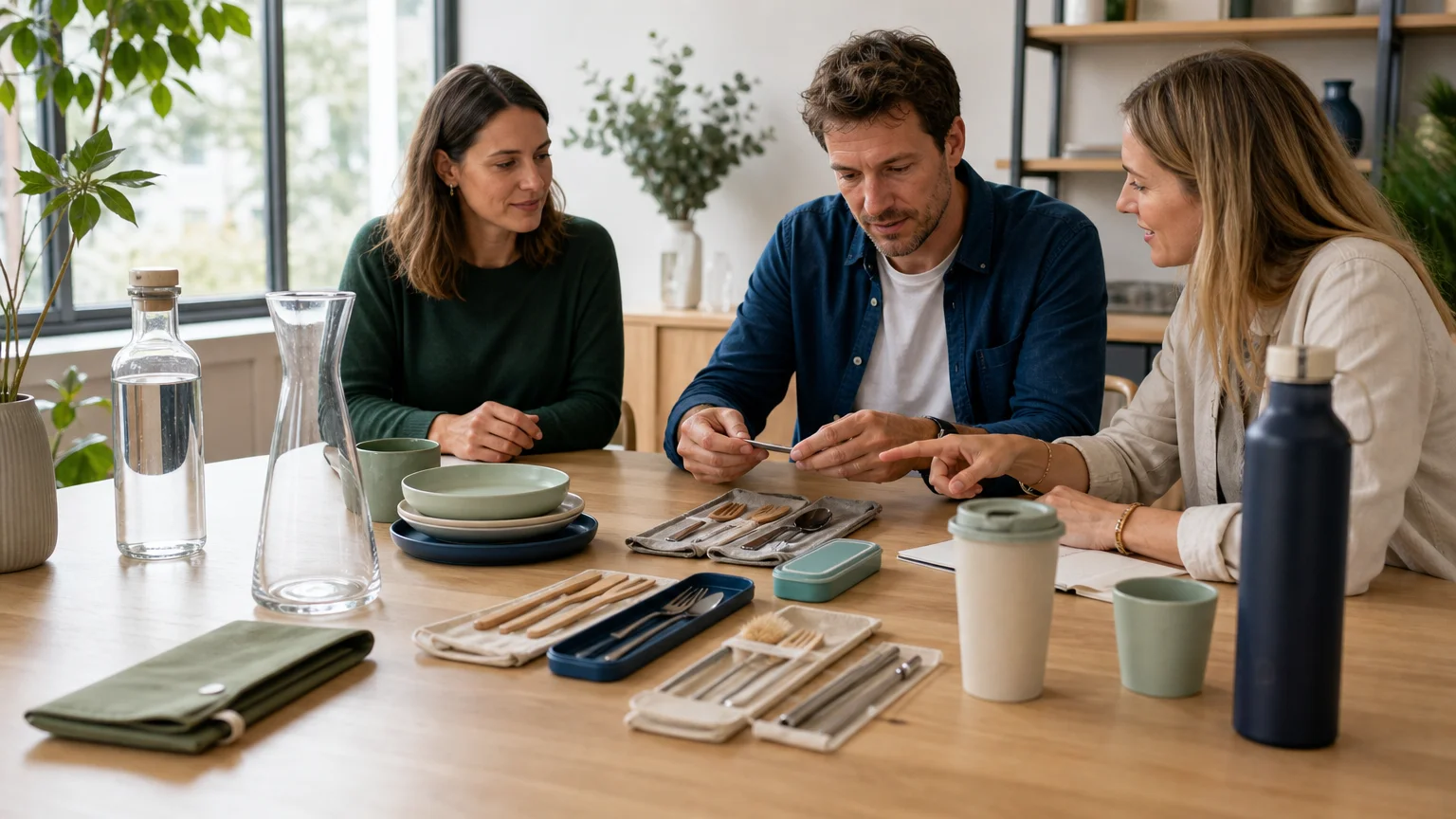 Réunion professionnelle pour choisir des sets et services personnalisés