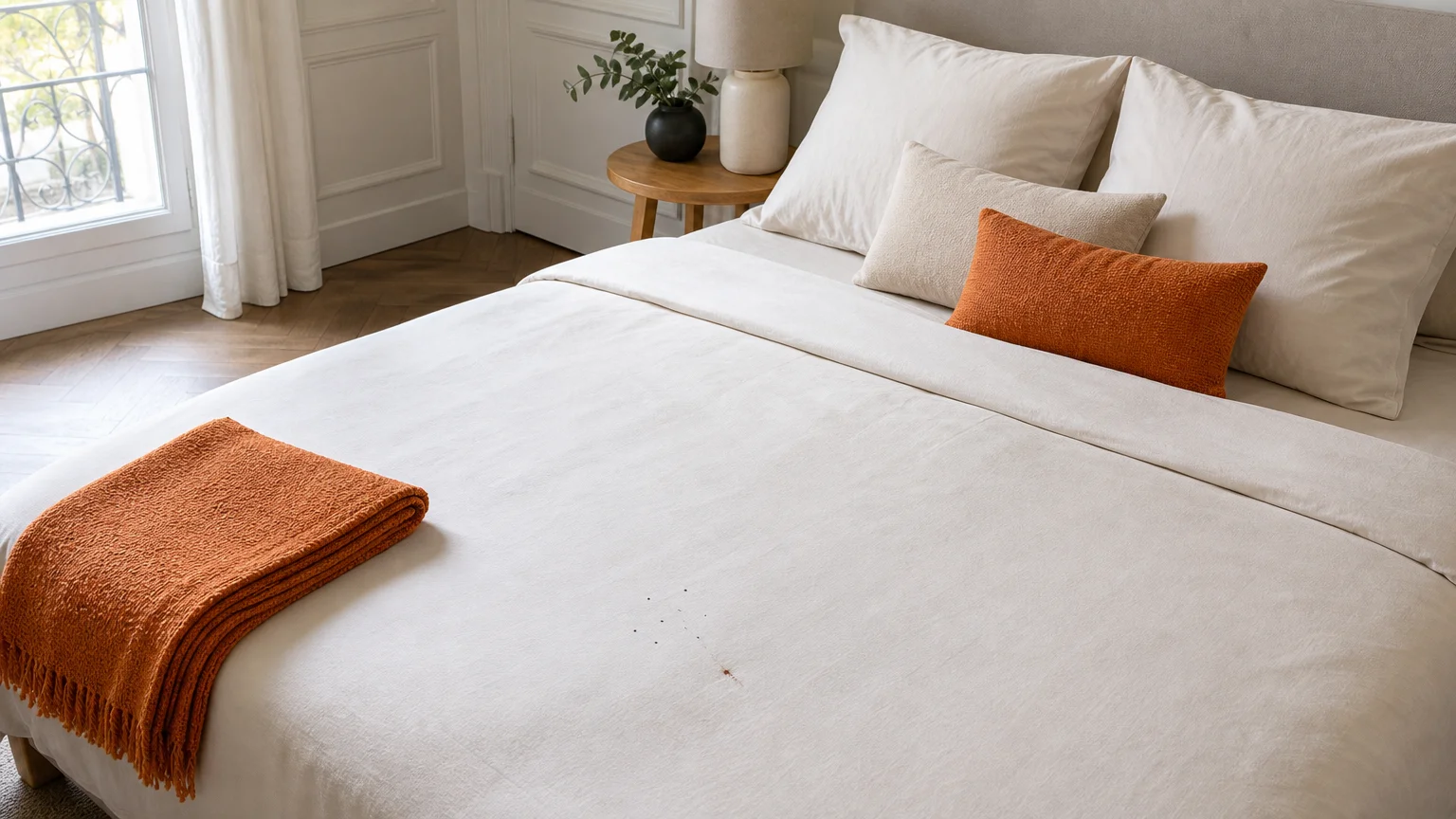 Draps clairs présentant de discrètes traces caractéristiques de punaises de lit