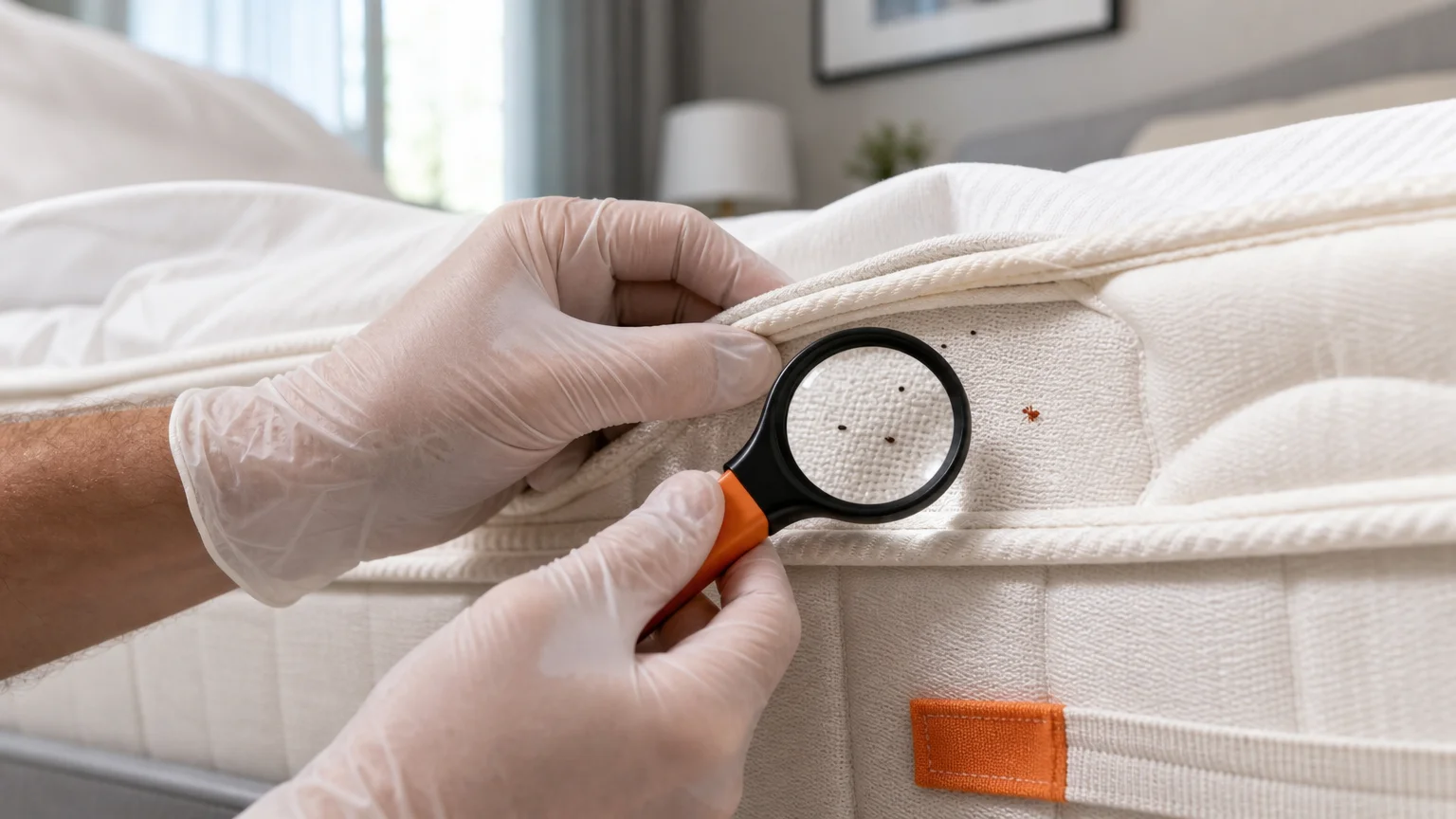 Inspection réaliste d’une couture de matelas présentant des traces suspectes de punaises de lit