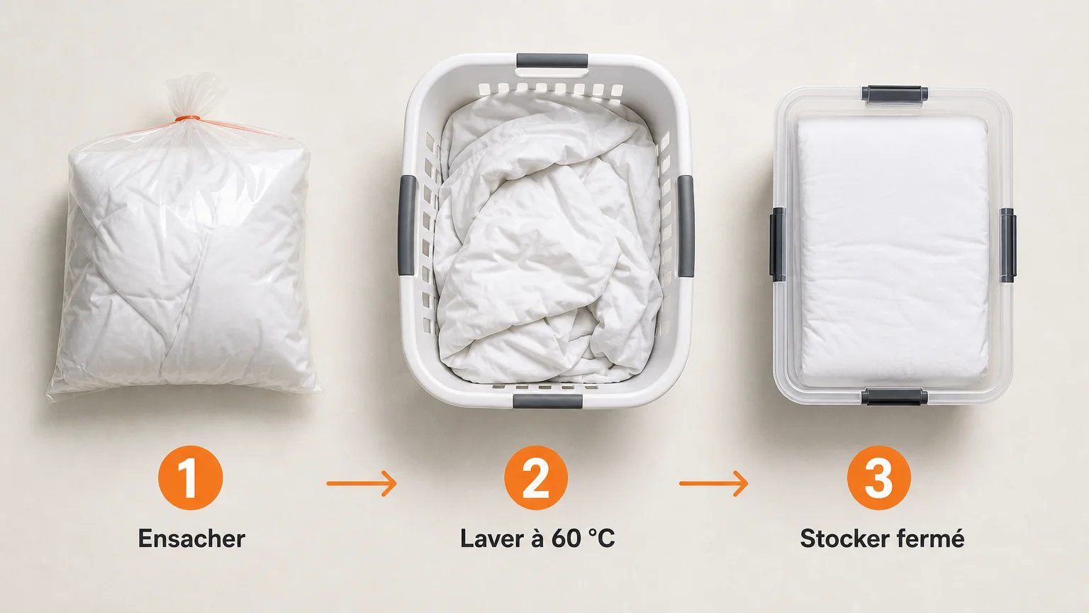 Étapes de traitement des draps suspects avec ensachage, lavage à 60 °C et stockage fermé
