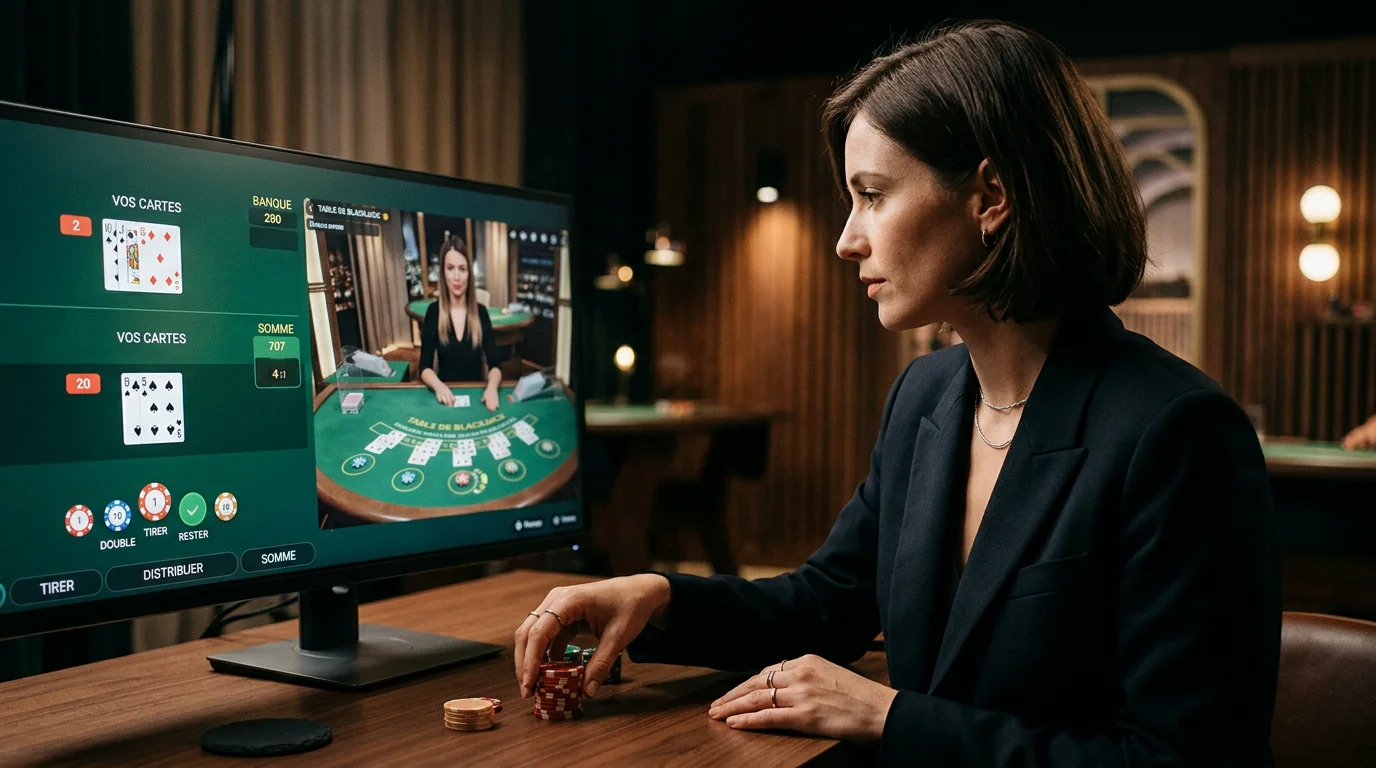 Joueuse appliquant la stratégie de base sur une table de blackjack en direct