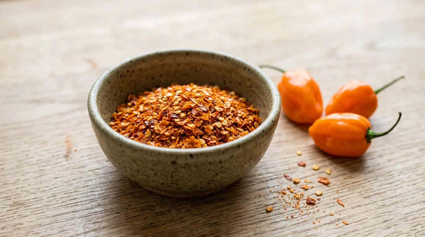 Flocons de piment habanero concassé dans une coupelle en céramique
