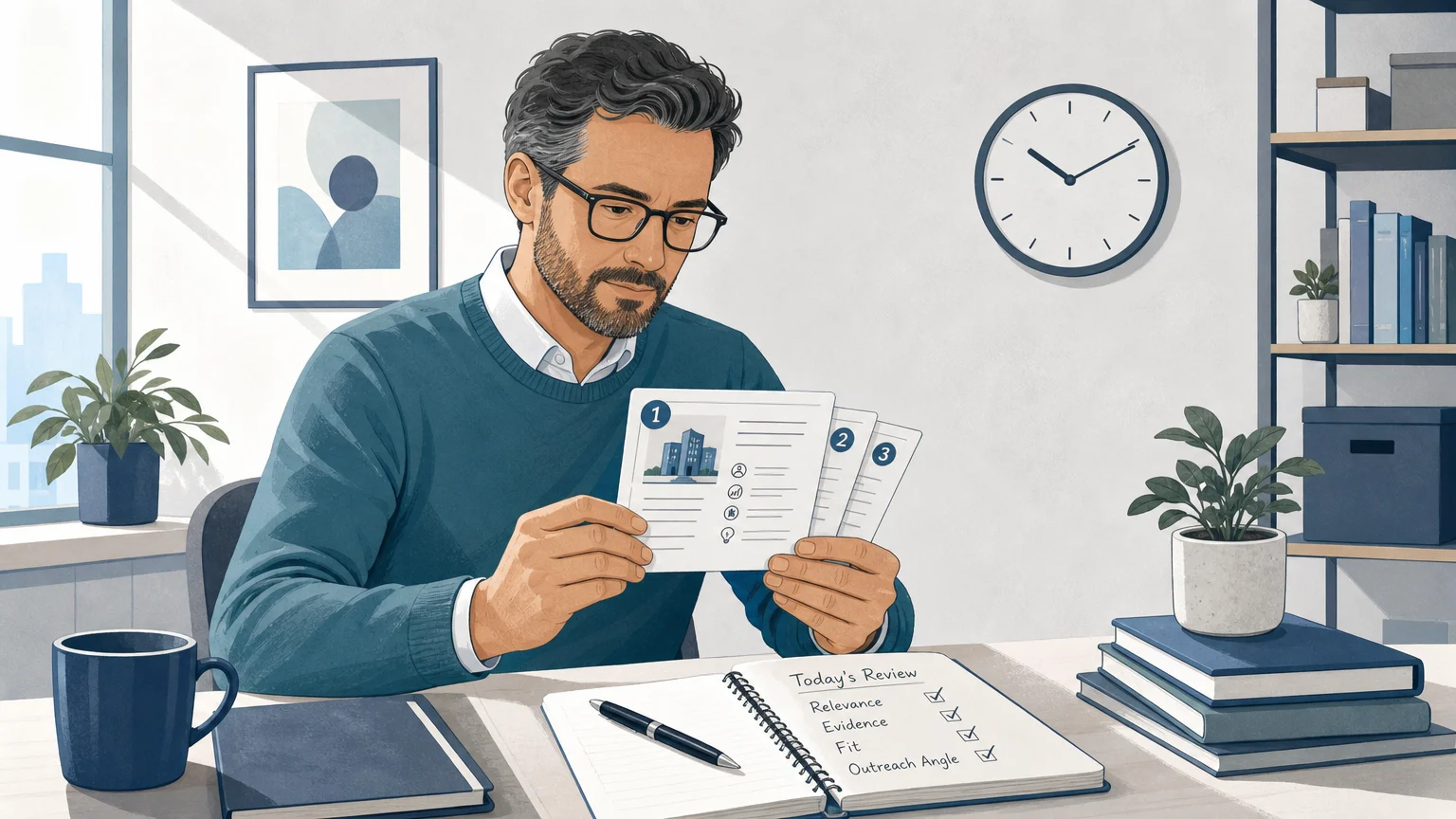 Consultant reviewing a focused set of researched prospects