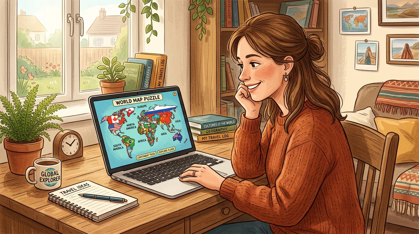 A person playing a flag and map geography puzzle on a laptop
