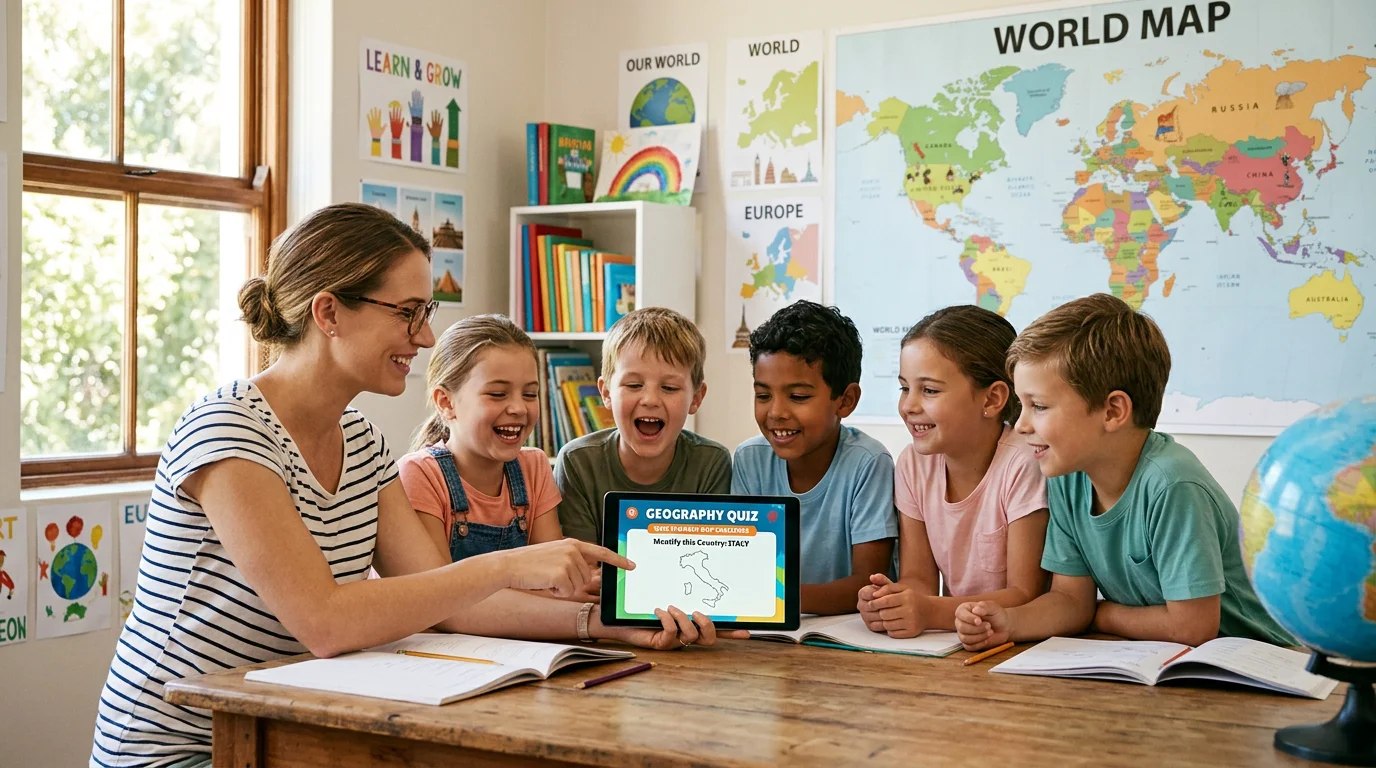 A teacher and students playing a short geography quiz in class