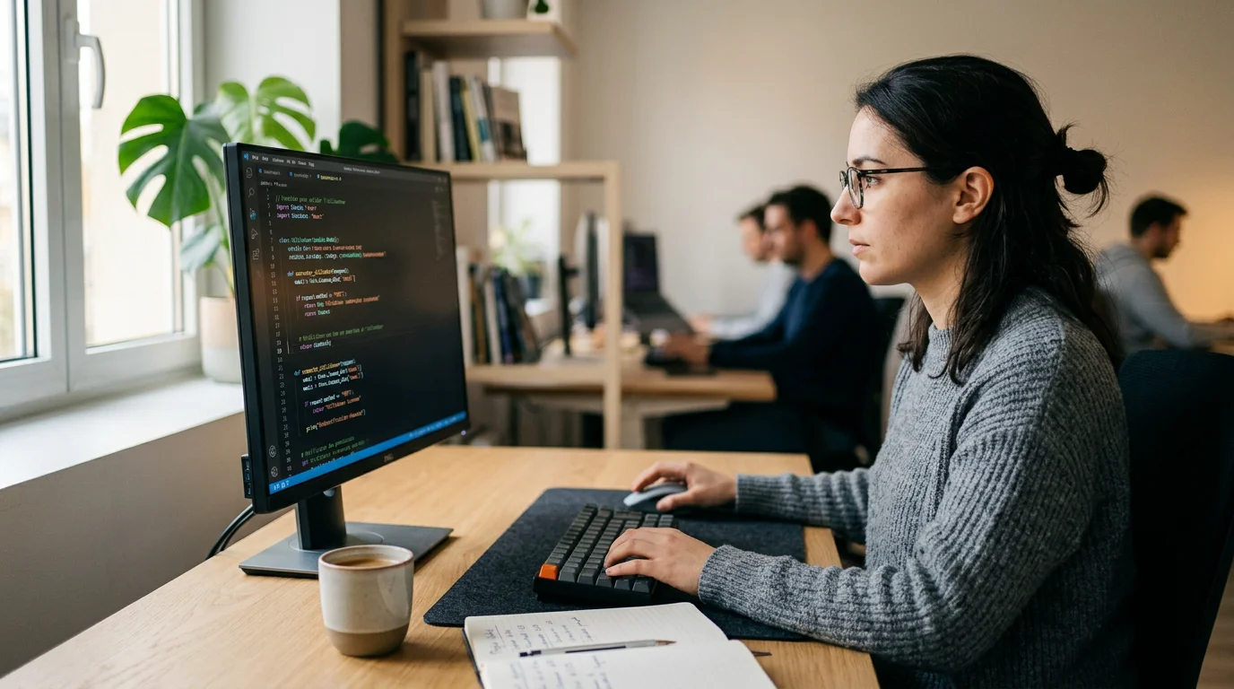 Développeur relisant du code sur son écran pour corriger un bug
