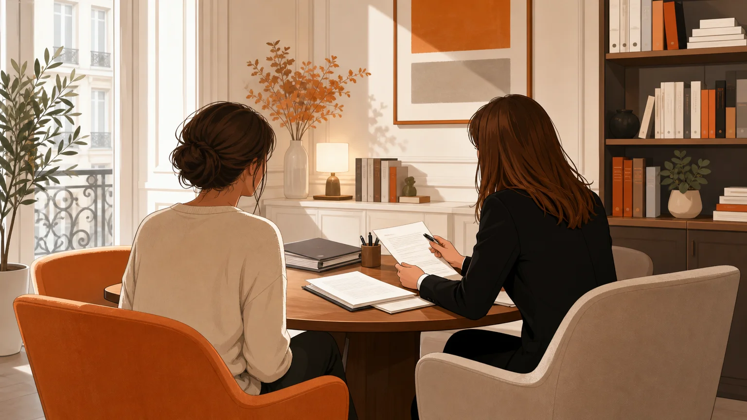Échange confidentiel dans un bureau juridique entre une personne accompagnée et une avocate non identifiables.