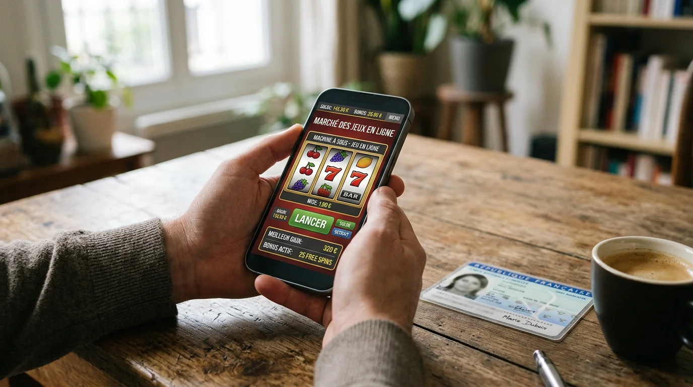 Un joueur consulte une offre de casino en ligne sur son smartphone avec une pièce d'identité à côté