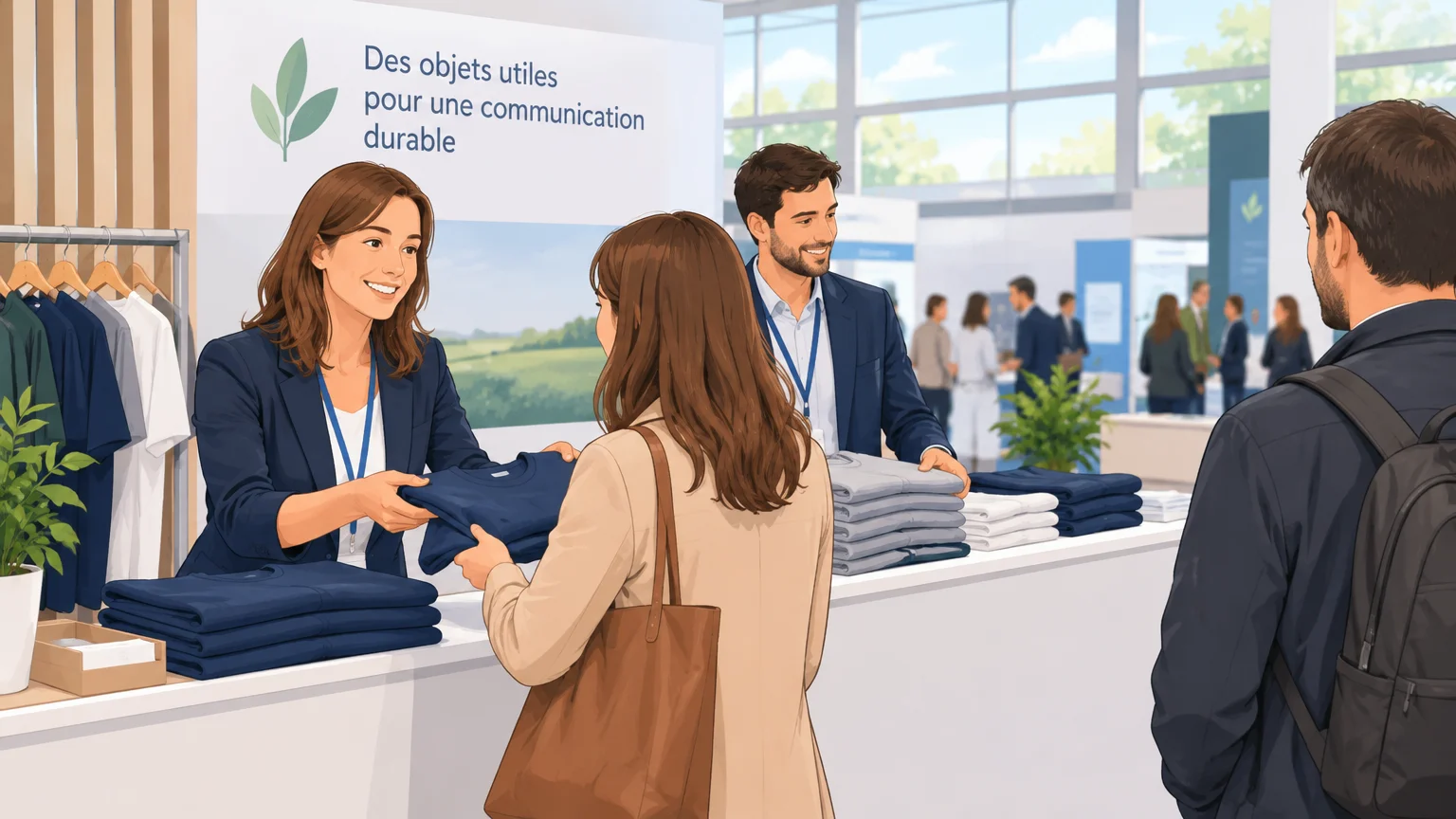 Équipe professionnelle distribuant des vêtements personnalisés lors d’un salon