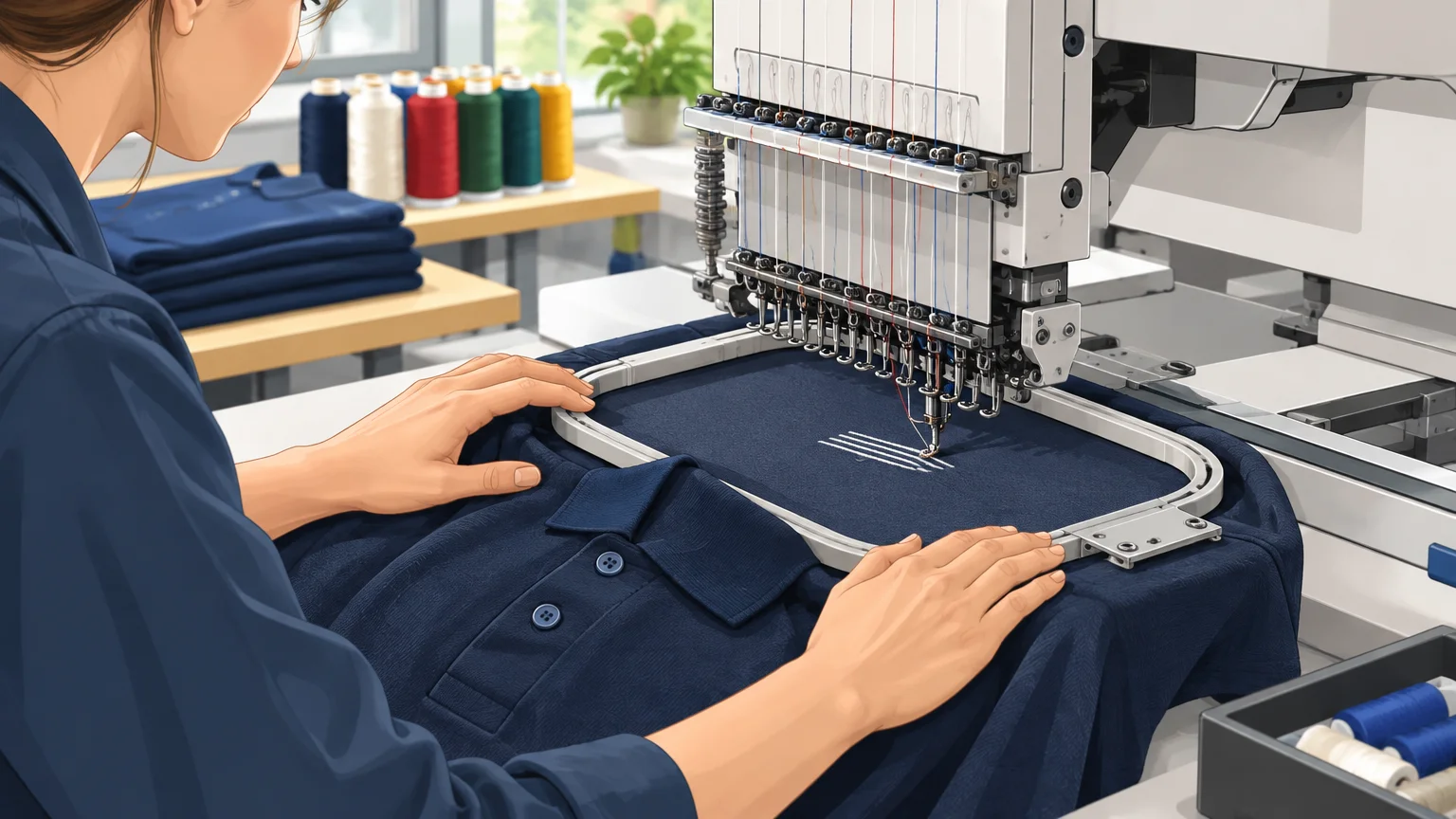 Gros plan sur la broderie d’un vêtement dans un atelier de personnalisation