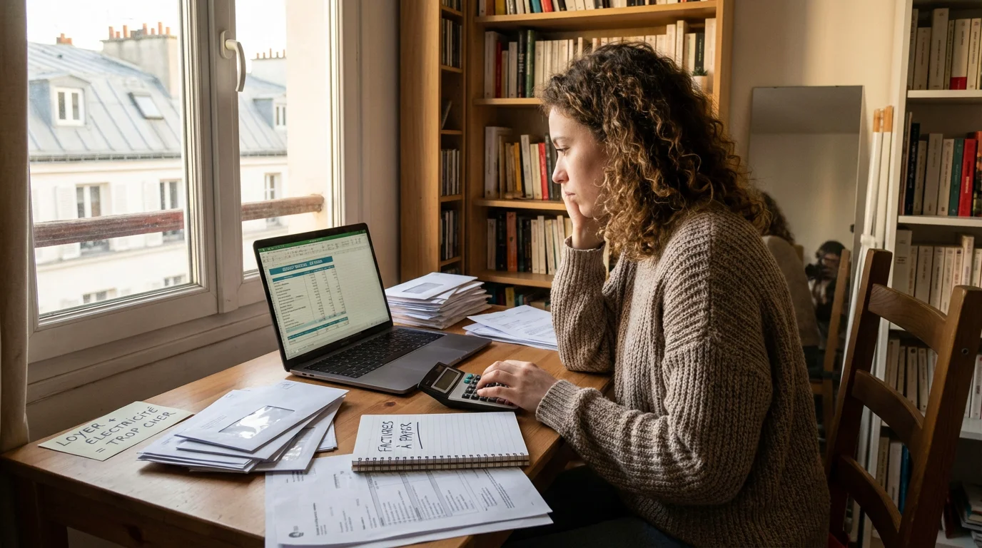 Étudiant français consultant ses dépenses et aides financières sur un bureau