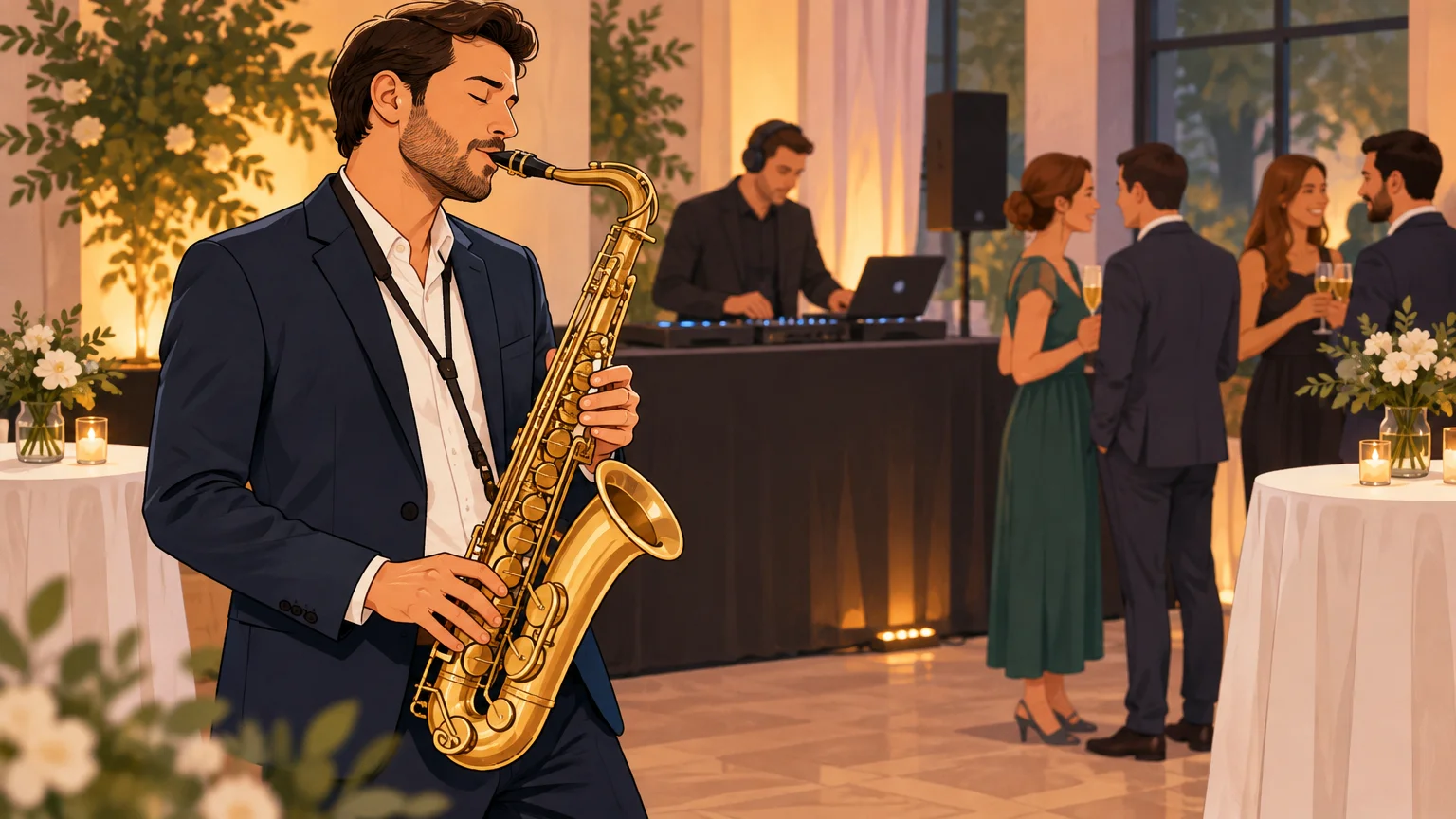 Un saxophoniste anime un cocktail pendant que les invités échangent