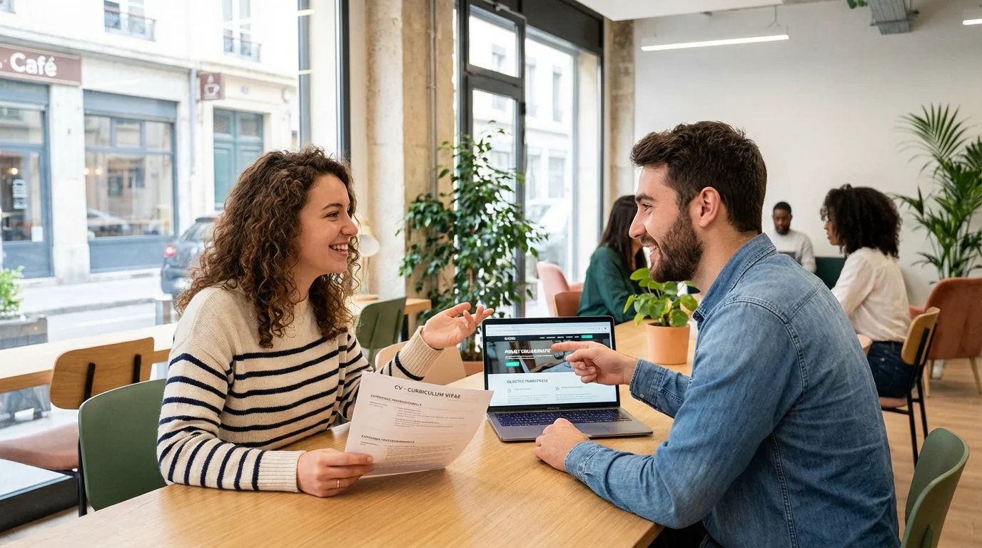 Deux jeunes en recherche d'emploi échangeant dans un espace de coworking en France